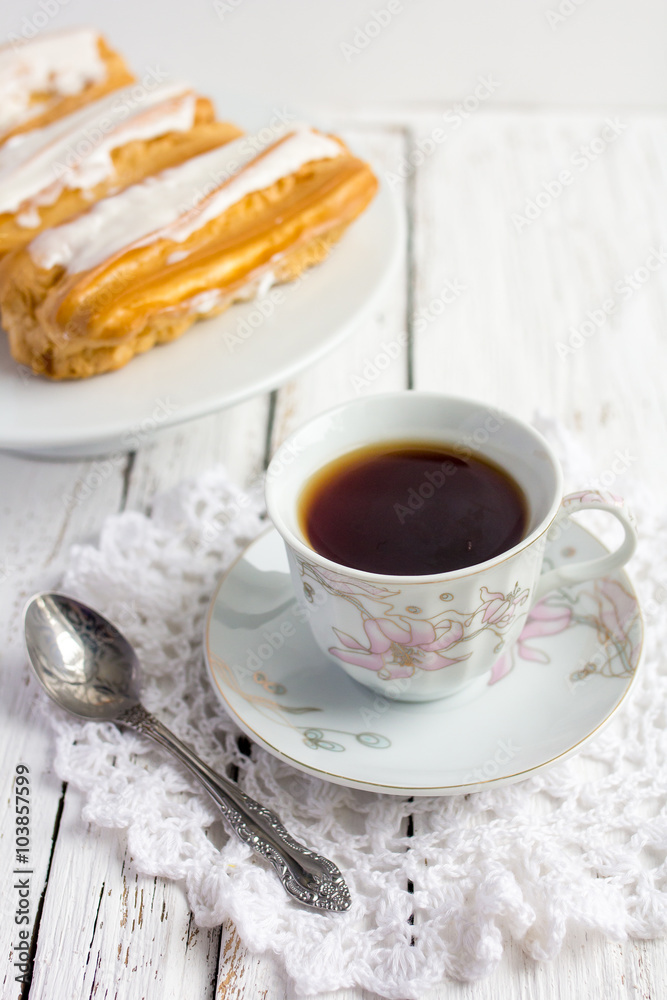 Dessert Eclair with whipped cream Dessert Eclair with whipped cream