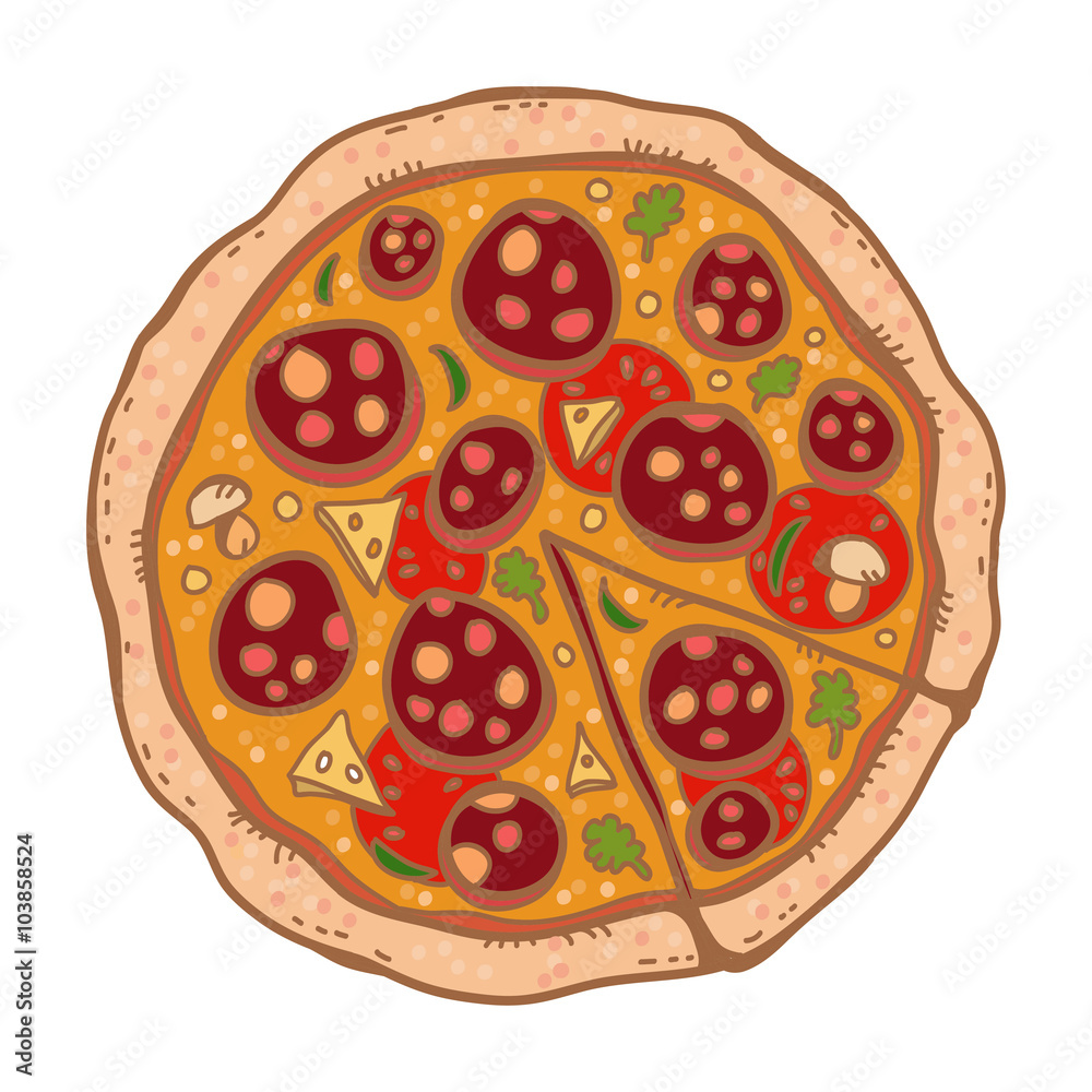 Pizza with sliced piece isolated on white background Pizza with sliced piece isolated on white background