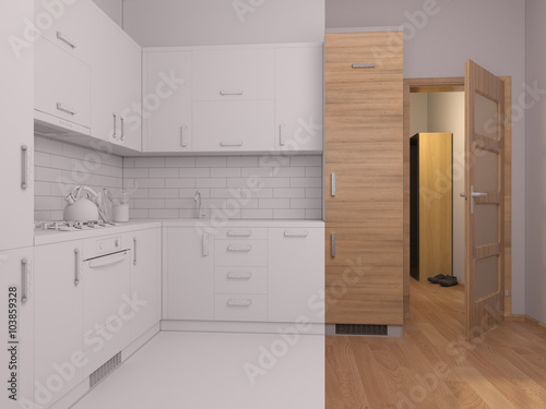 3D visualization collage of interior design kitchen