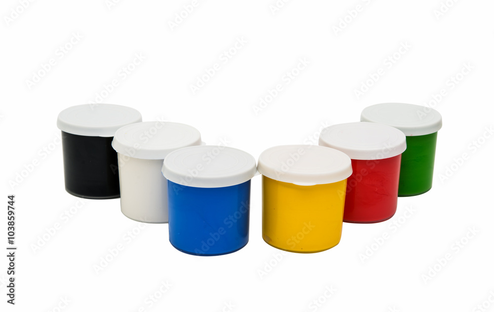 Watercolor paint in buckets isolated on white background. Art pa Watercolor paint in buckets isolated on white background. Art pa
