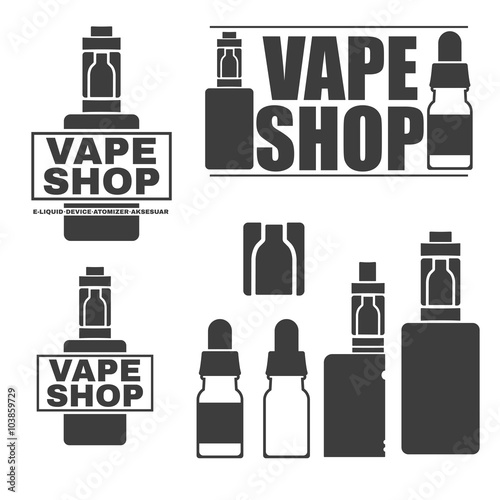 Set of monochrome logos or emblems of electronic cigarettes. Electronic cigarette and liquid, Vector.