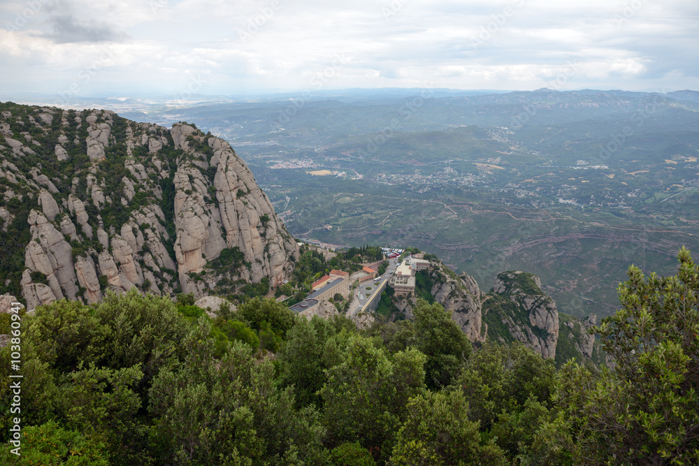 View towards Montserrat Abbey and valley bellow it, Barcelona, S