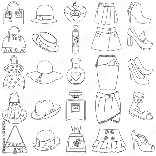 Set of outlined shoes, handbags, skirts, hats and bottles of perfume on white background. Vector illustration.