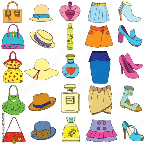 Set of shoes, handbags, skirts, hats and bottles of perfume on white background. Vector illustration.