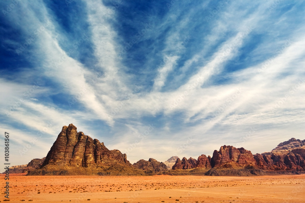 Jordan. Wadi Rum. Seven Pillars of Wisdom (on left) Jordan. Wadi Rum. Seven Pillars of Wisdom (on left)
