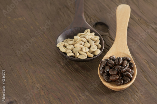 Coffee beans / Coffee beans in wooden spoon on wooden floor.