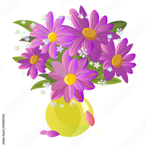 Fototapeta Naklejka Na Ścianę i Meble -  Bouquet, purple flowers (asters, daisies, chrysanthemums) in a yellow vase