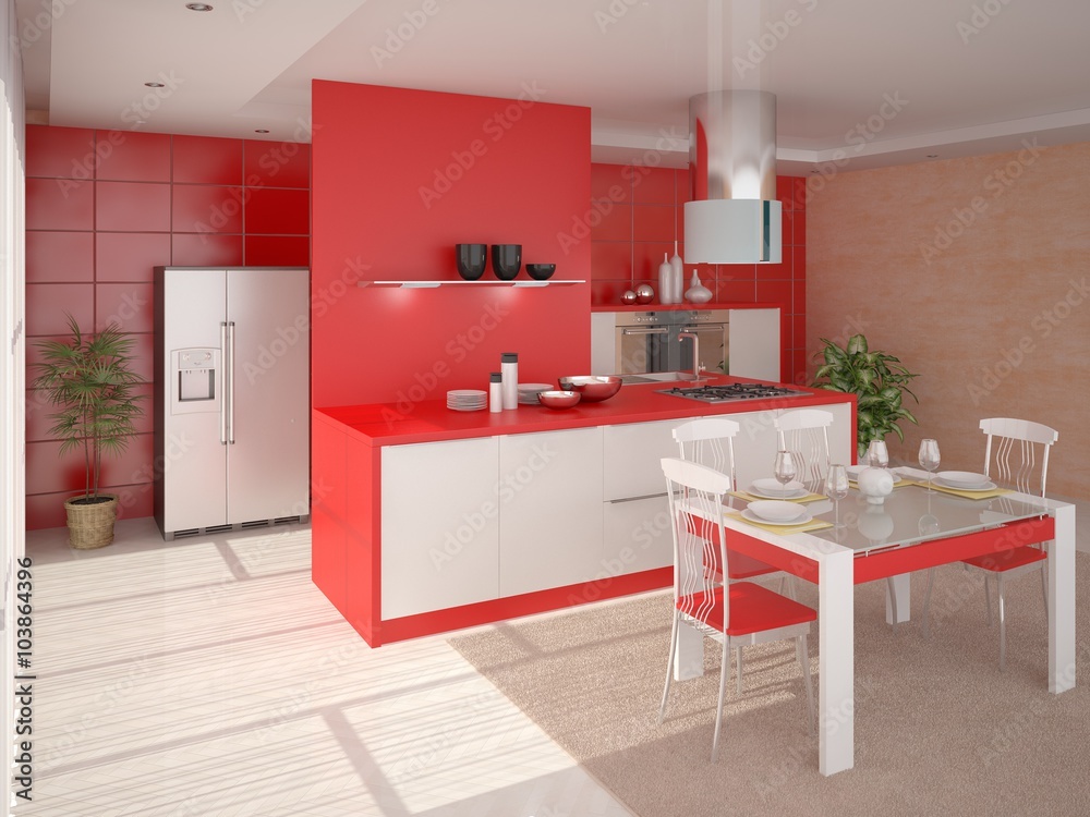 Design interera bright red kitchen. Design interera bright red kitchen.