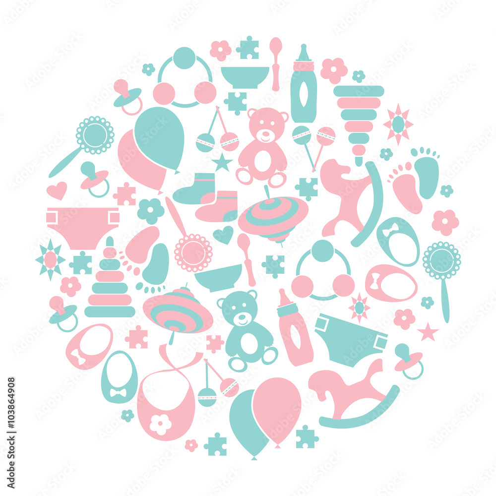 vector card with colorful baby icons.Baby icons set, vector.Kids