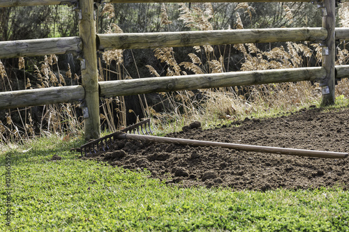 rake on  pile of organic fertilizer and green grass photo