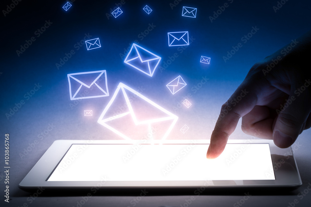 Social media, business hand touching tablet Social media, business hand touching tablet