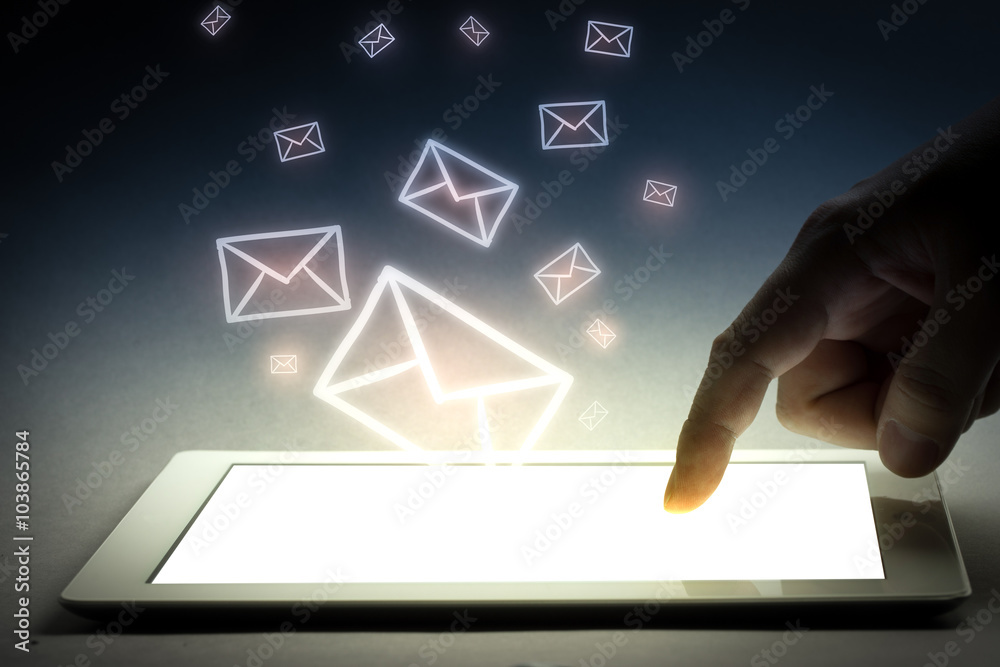 Social media, business hand touching tablet Social media, business hand touching tablet