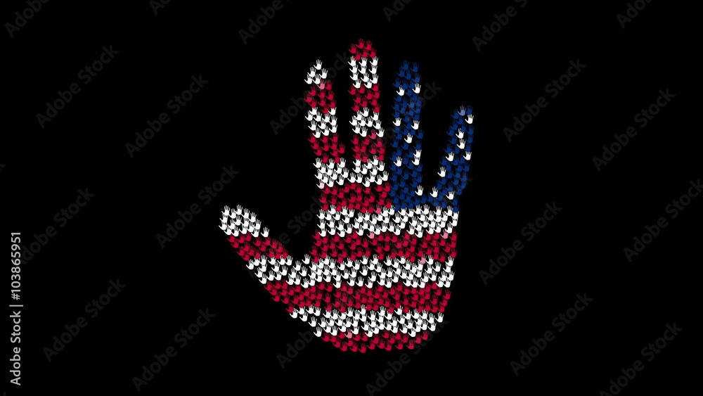 Large group of hands gathered together to form the Palm symbol with colors USA flag on a black background. Seamless looping video of flag shift. Large group of hands gathered together to form the Palm symbol with colors USA flag on a black background. Seamless looping video of flag shift.
