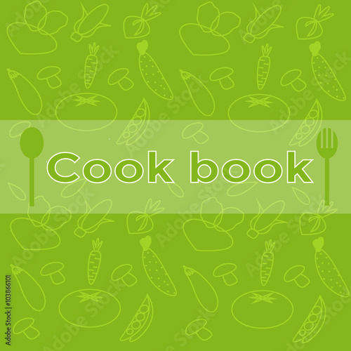 Cook book cover  on green background with trendy linear icons and signs of vegetables  spoon and fork- vector illustration