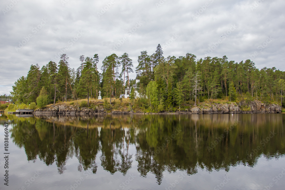 Nature Of Valamo. Religious place of monks on Valaam. Famous historical site on lake Ladoga with monastic monasteries. The Archipelago Of Valaam, Russian Karelia. Tourist place and travel. Nature Of Valamo. Religious place of monks on Valaam. Famous historical site on lake Ladoga with monastic monasteries. The Archipelago Of Valaam, Russian Karelia. Tourist place and travel.