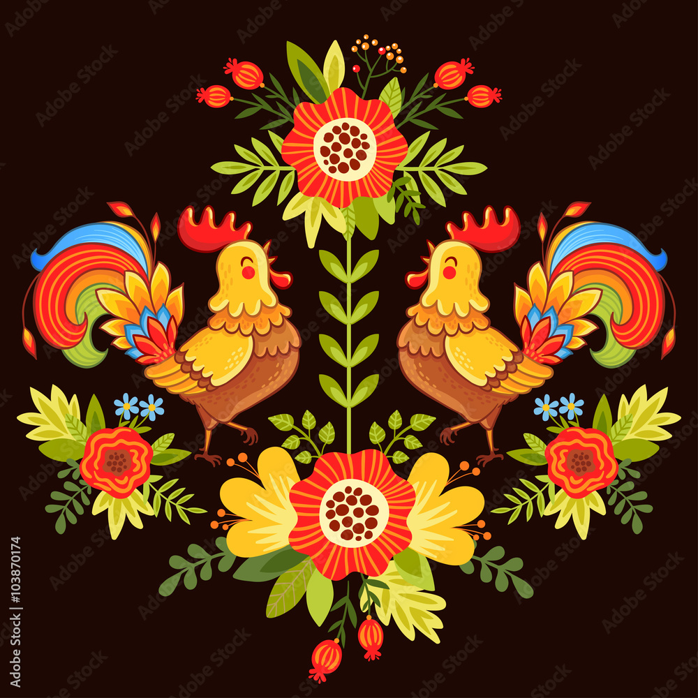 Ethnic ornament with flowers. Vector illustration of bright and colorful roosters flower on a dark background. Ethnic ornament with flowers. Vector illustration of bright and colorful roosters flower on a dark background.
