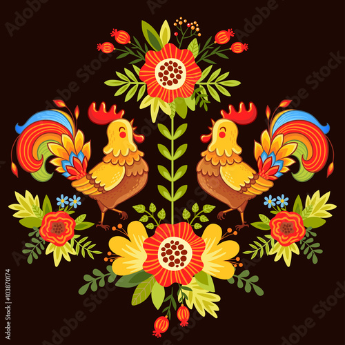 Ethnic ornament with flowers. Vector illustration of bright and colorful roosters flower on a dark background.  © svaga