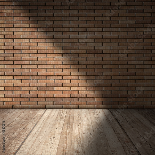 Red brick wall and wooden floor, abstract empty interior