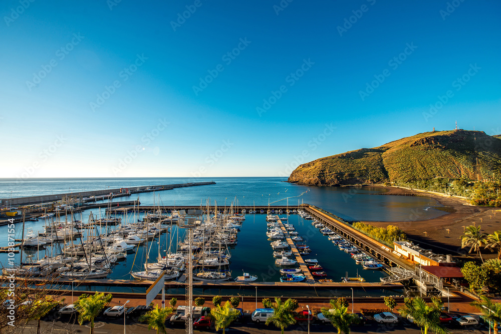 Obraz premium Top view on the harbor in San Sebastian port city on La Gomera island in Spain