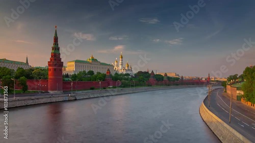 moscow river kremlin wall water traffic sunset panorama 4k time lapse russia
