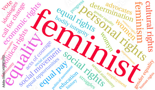Feminist word cloud on a white background. 