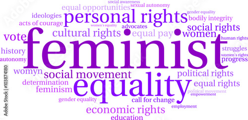 Feminist word cloud on a white background. 