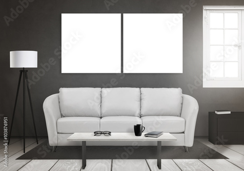 Isolated two art canvas on wall. Window, sofa, lamp, plant, glasses, book, coffee on table in living room interior. 