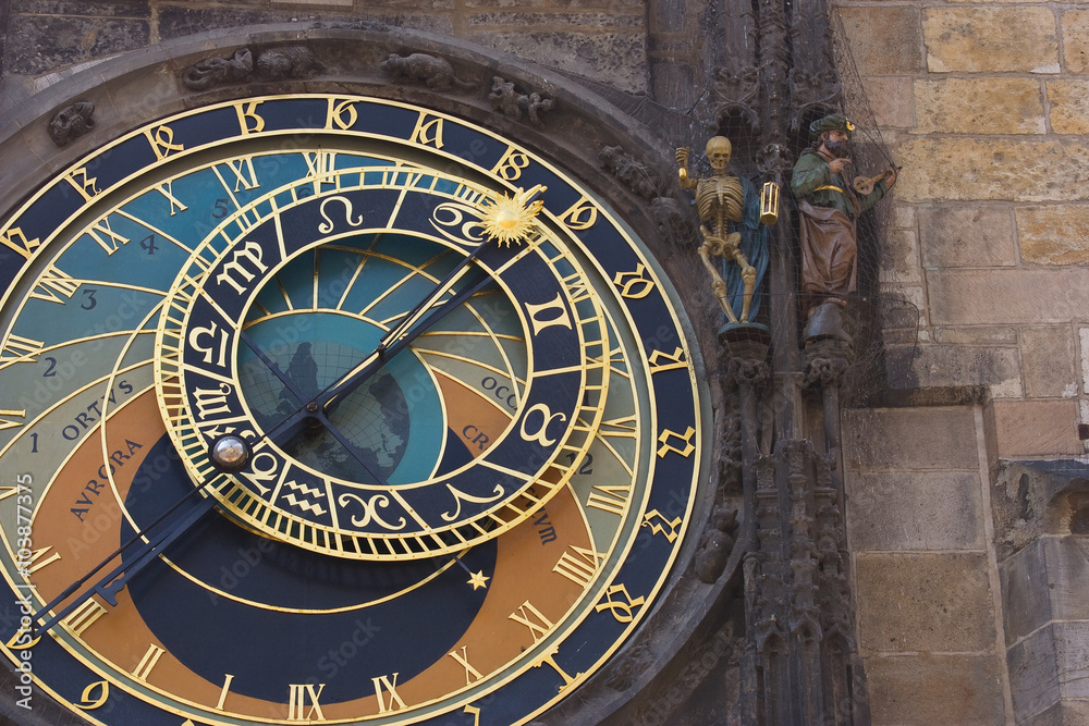 Prague astronomical clock detail of handles and astronomical dia