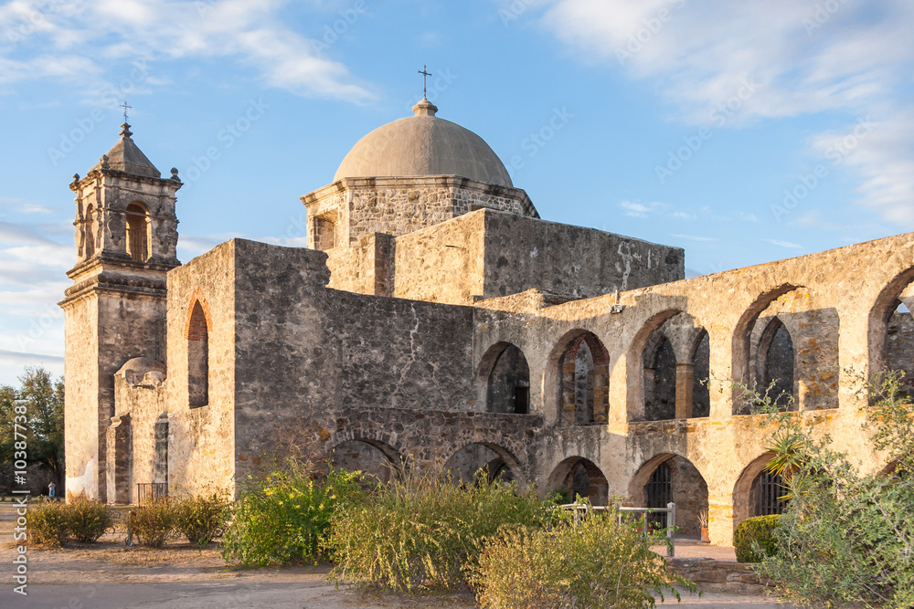 Convento and Arches of Mission San Jose in San Antonio, Texas at  Sunset
