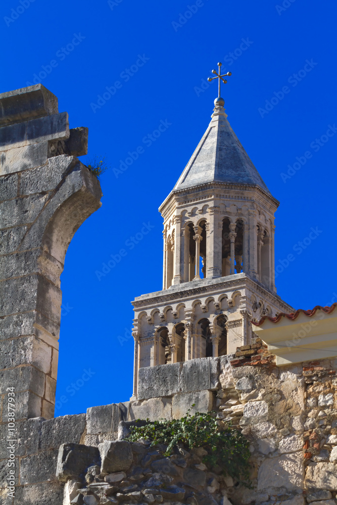 Fragment of Diocletian Palace and a ruined city wall, Split, Cr Fragment of Diocletian Palace and a ruined city wall, Split, Cr