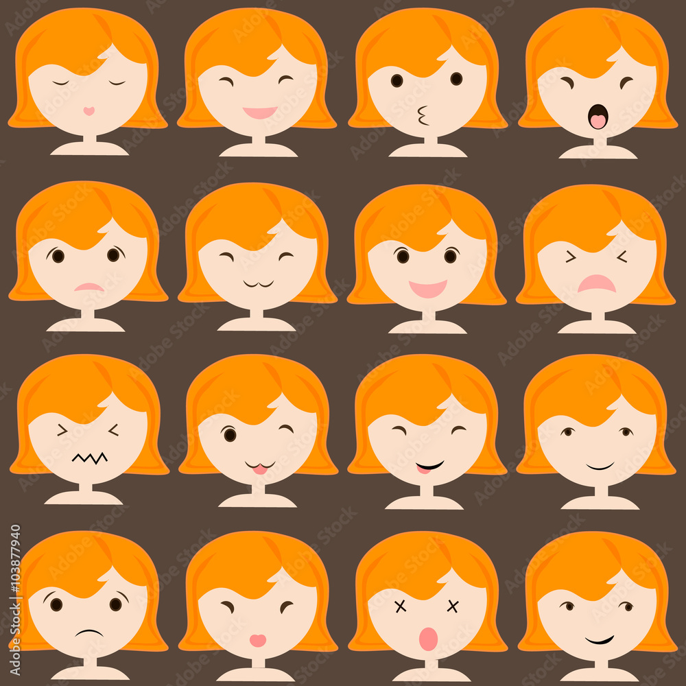 Emoticon icons set of cute girl with various emotions, emoji, facial, feeling, mood, personality, symbol Emoticon icons set of cute girl with various emotions, emoji, facial, feeling, mood, personality, symbol