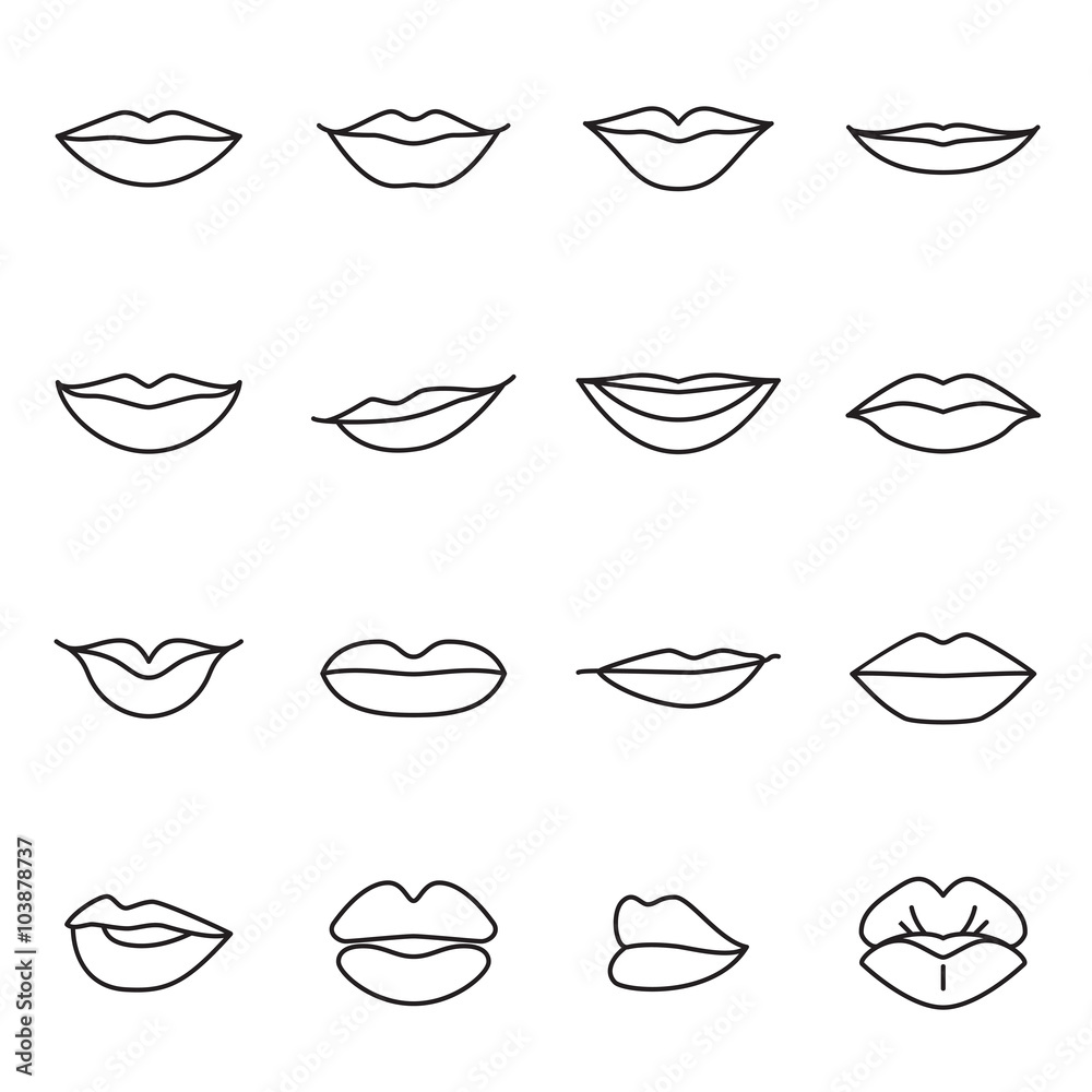 Icons of female lips. Collection of sixteen modern linear icons isolated on a white background. Vector illustration - obrazy, fototapety, plakaty 