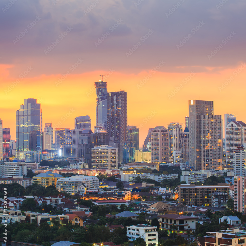Obraz premium Aerial view of Bangkok modern office buildings, condominium in Bangkok city downtown with sunset sky , Bangkok , Thailand
