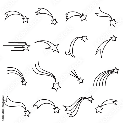 Collection of shooting star icons. Falling star icons. Comet icons. Linear vector illustration