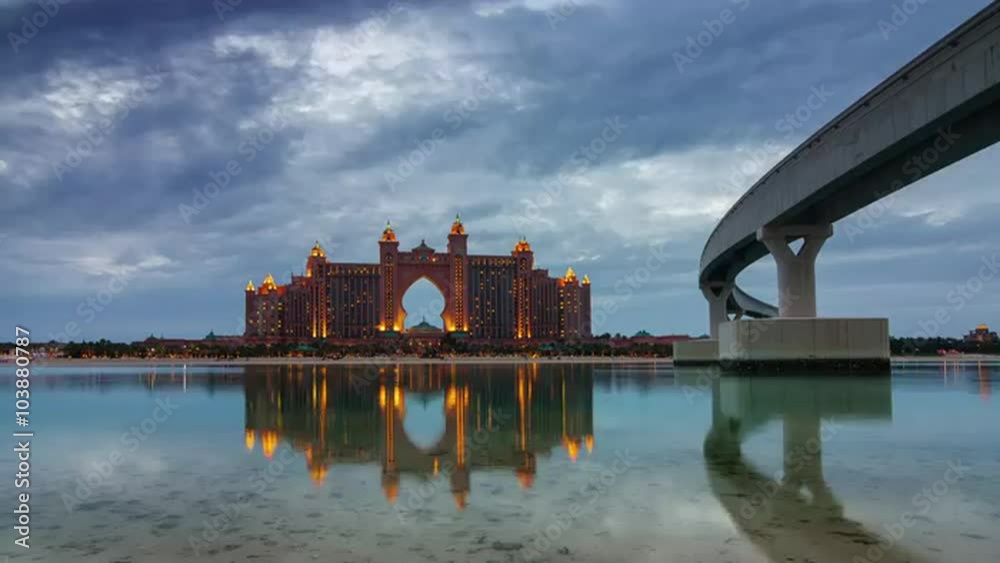 sunset dubai world famous hotel bay panorama 4k time lapse uae
