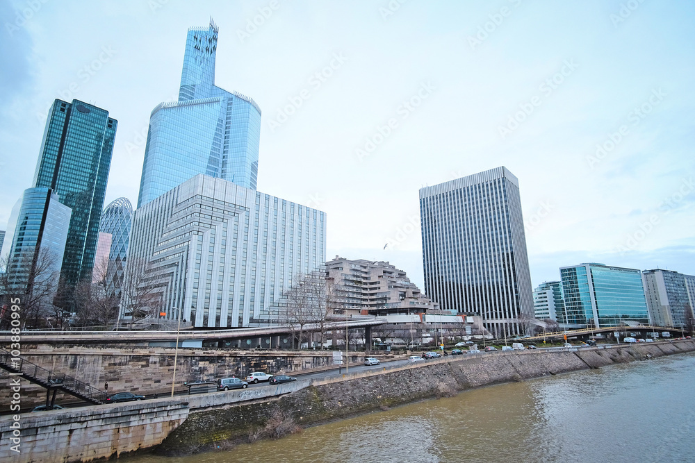 Naklejka premium Defense, Paris, France, February 9, 2016: sky-scrapers in a Paris district Defense. Because of it's modern .architecture this district is called the Paris Manhattan