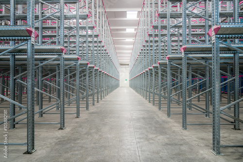 Rows of empty shelves in a big warehouse