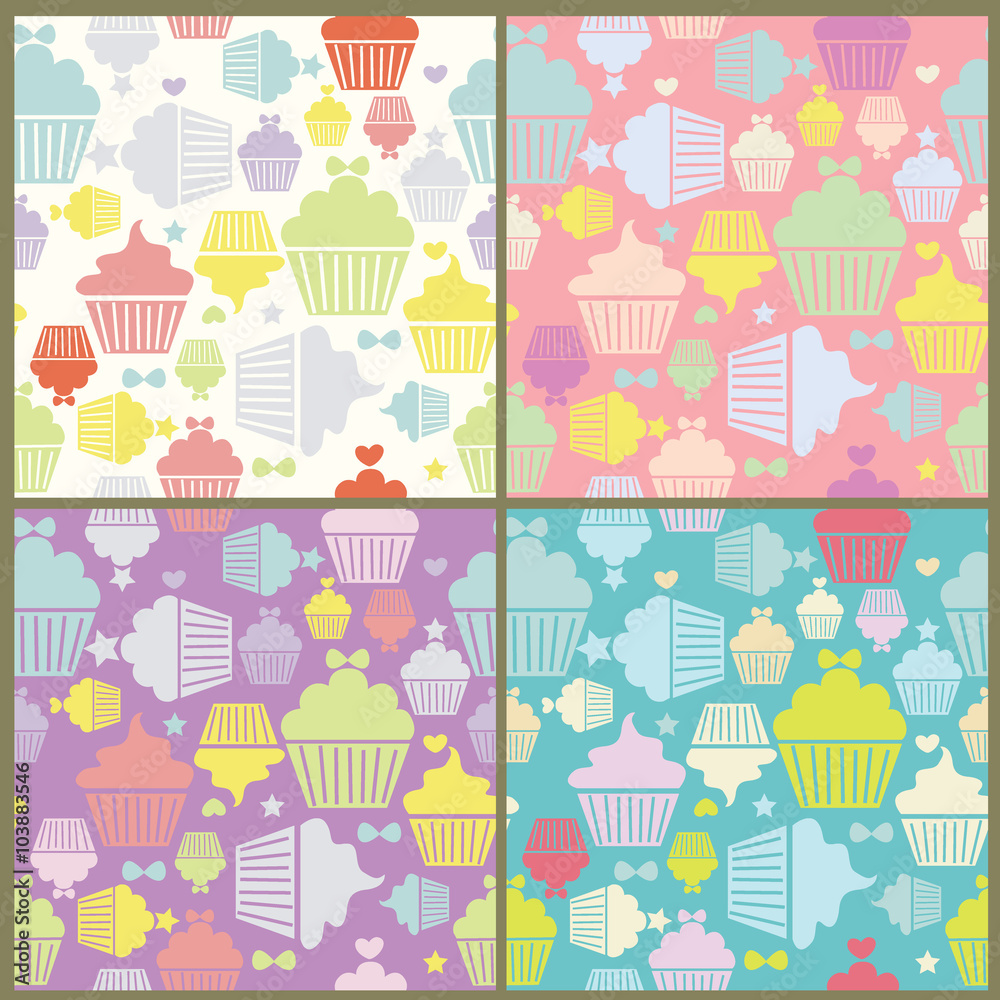 Vector of flat cupcakes in the boxes for pattern with four background colors.