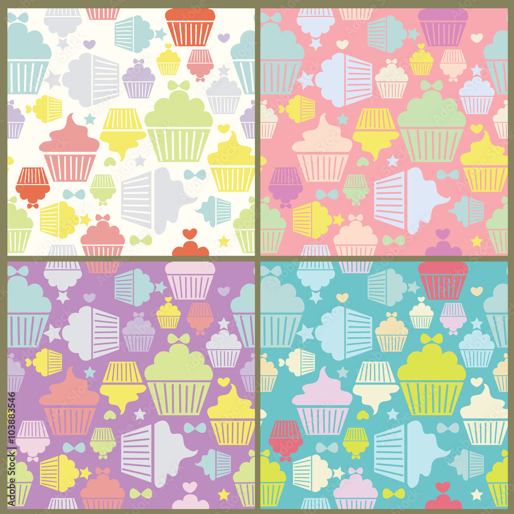 Vector of flat cupcakes in the boxes for pattern with four background colors. Vector of flat cupcakes in the boxes for pattern with four background colors.
