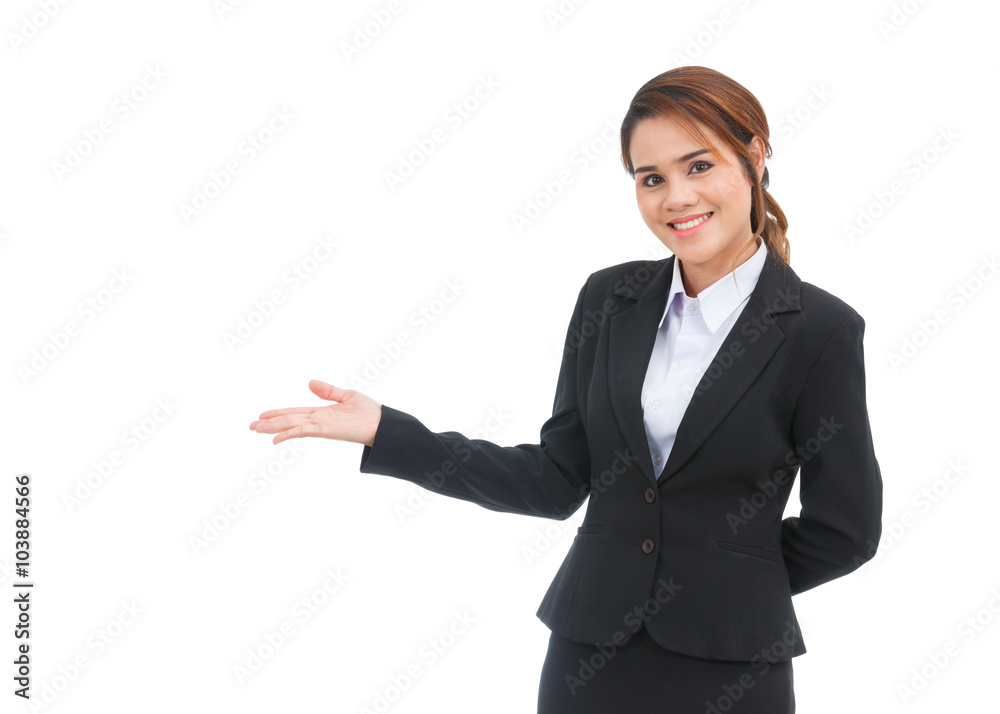 Asian business woman presenting a copyspace isolated on white ba Asian business woman presenting a copyspace isolated on white ba