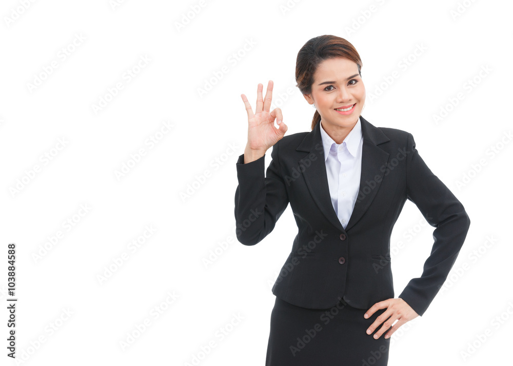 Asian business woman showing ok sign isolated on white backgroun Asian business woman showing ok sign isolated on white backgroun
