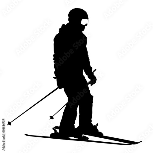 Mountain skier  speeding down slope. Vector sport silhouette.