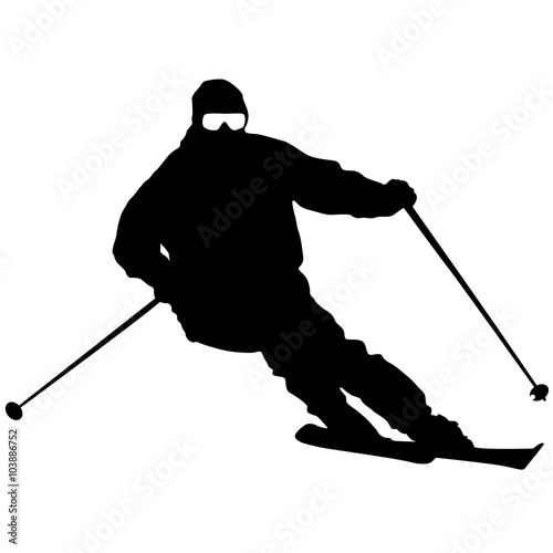 Mountain skier  speeding down slope. Vector sport silhouette.