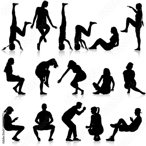 Black silhouettes of men and women in a pose sitting on a white 