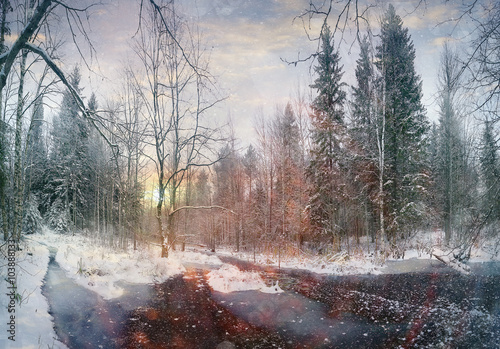 winter landscape frozen creek in the forest © kichigin19