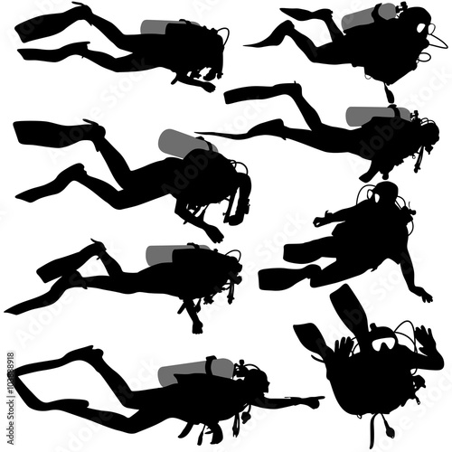 Set black silhouette scuba divers. Vector illustration.