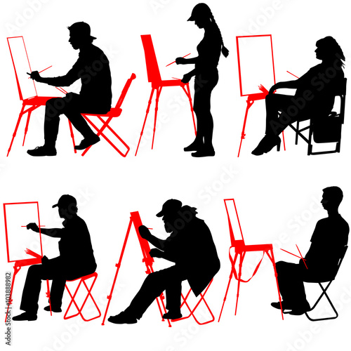 Silhouette, artist at work on a white background, vector illustr