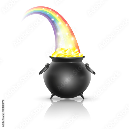 Pot full of golden coins at the end of the rainbow on Saint Patrick's Day