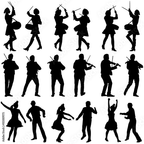 Black silhouettes of beautiful mans and womans. Drummer, violini