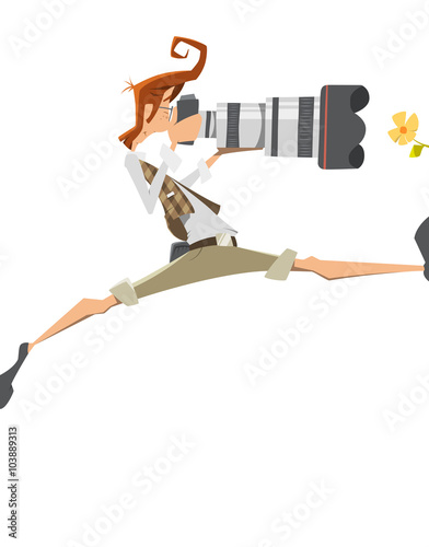 Young man extreme pro professional photographer with big lens ca